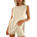 SCUSTY Women's 2 Piece Outfits Summer Summervibes Knit Sweater Set Sleeveless Tunic Top Matching Shorts Trendy Beach Vacation Sets Loungesetwomen Suits Clothes Womenswear  Basic Beige