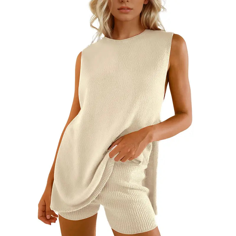 SCUSTY Women's 2 Piece Outfits Summer Summervibes Knit Sweater Set Sleeveless Tunic Top Matching Shorts Trendy Beach Vacation Sets Loungesetwomen Suits Clothes Womenswear  Basic Beige