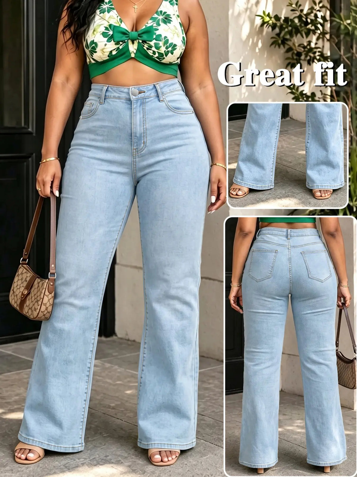 Deep Blue Washed High-Waisted Wide-Leg Denim Jeans, Plus Size Slimming Loose Fit Long Pants, Multiple Colors Available, Fall & Winter Casual Wear