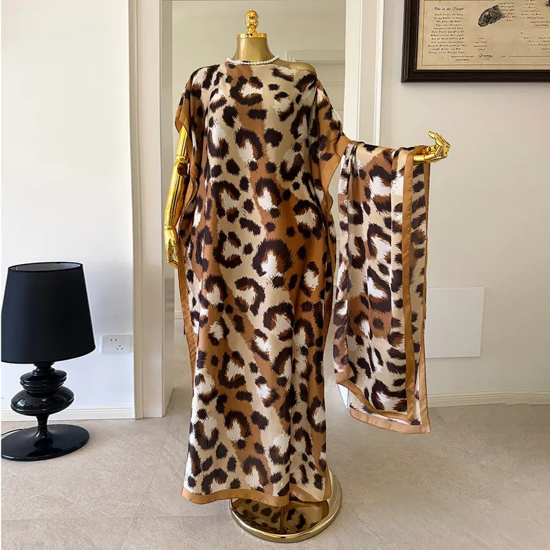 Laruda-Original Vibe Women's Fashion 2-Piece Pink Leopard Print Long Moo Moo Robe Set - Lightweight Woven Fabric Dress, Exotic Scarf Headband, Cute 2-Piece Sets, Sun Protection Beach Wear, Clothes for Women