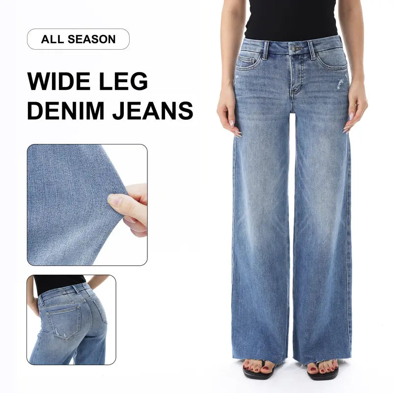Freya ONESO Women Mid Rise High Stretchy BBL Jeans Butt Lifting Wide Leg Raw Hem Denim Pants Tummy Control Spring Basic Minimalist Woman Denim Bottom Comfortable Denim Jeans OSW8019 Plus Size Regular Size Fashion Daily Outfits DIY Inseams #SummerVibes