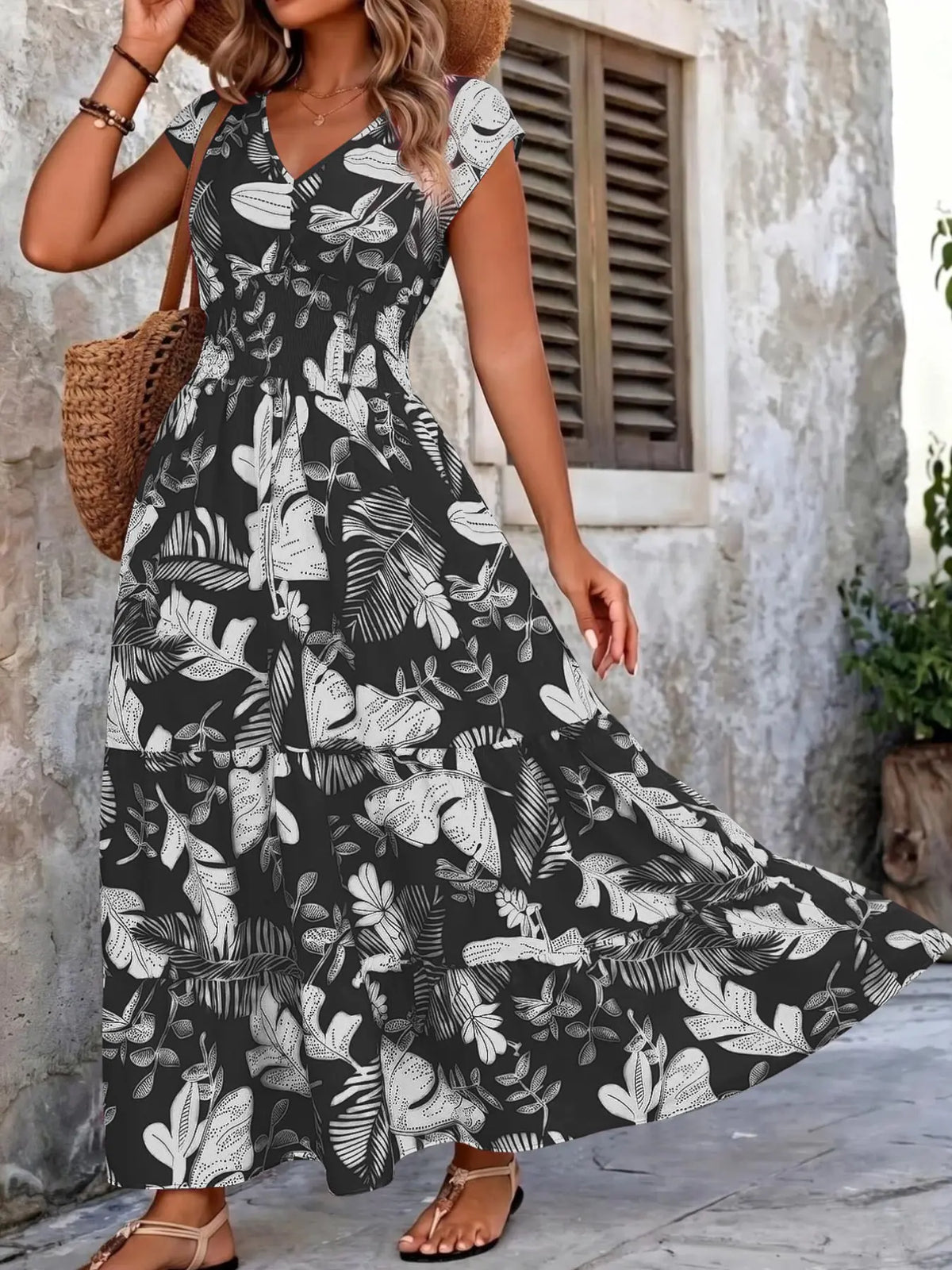 Boho Floral Maxi Dress | Floral Prints Dress | V Neck | Smocked Waist | Flowy Ruffle Hem | Women Summer Vacation Outfits | Ruffled |
