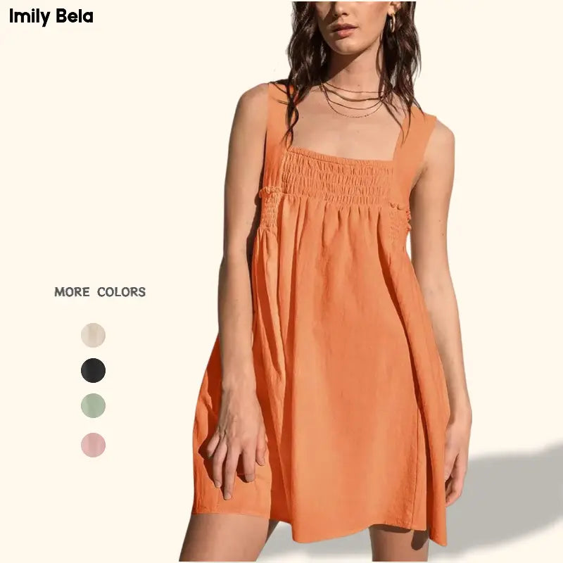 Imily Bela Women 's Summer Casual Sleeveless Mini Dress Square Neck Smocked Swing Loose Babydoll Dress Breathable Womenswear