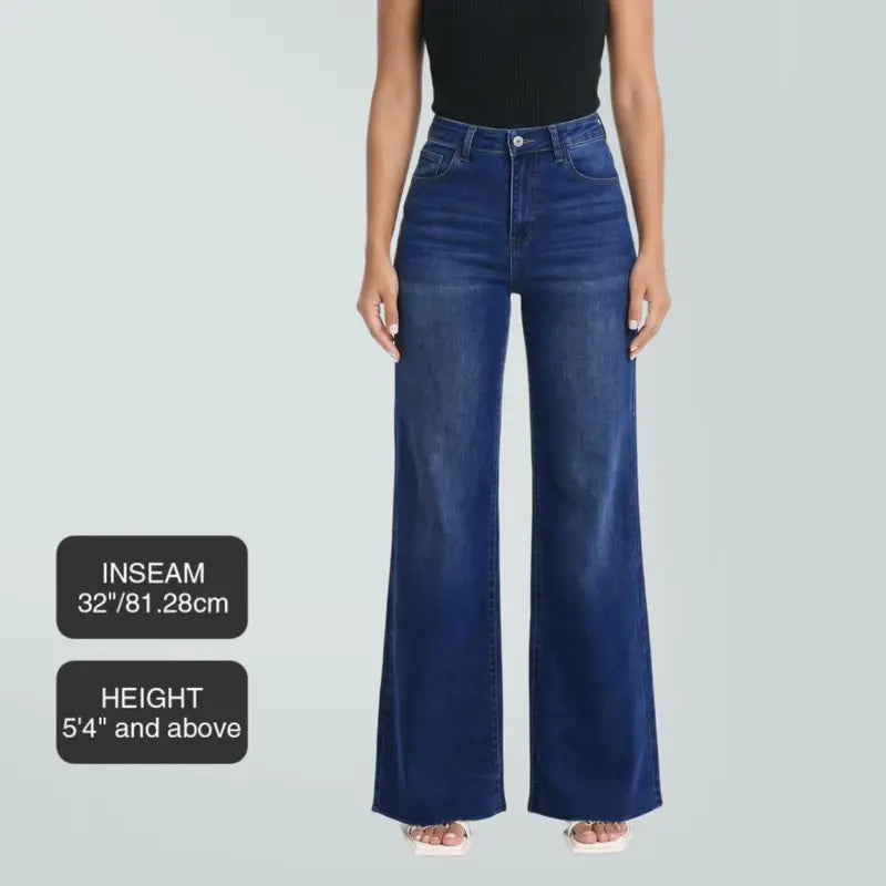 Joy BlueMoment Stretchy BBL Jeans High Waist Wide Leg Denim Pants Raw Hem Tummy Control Butt Lifting Jeans with Pockets Baggy Curve Hugging Fall Fashion 8101