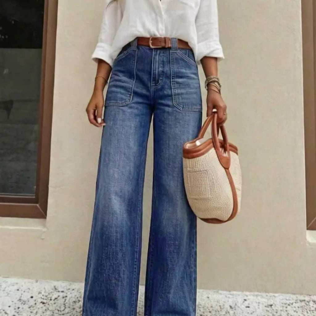 Women's Plus Size High Stretch Washed Denim Baggy Jeans, Frayed Hem Design, Large Pockets, Fashionable All-Season Commuter Wear, No Belt Included