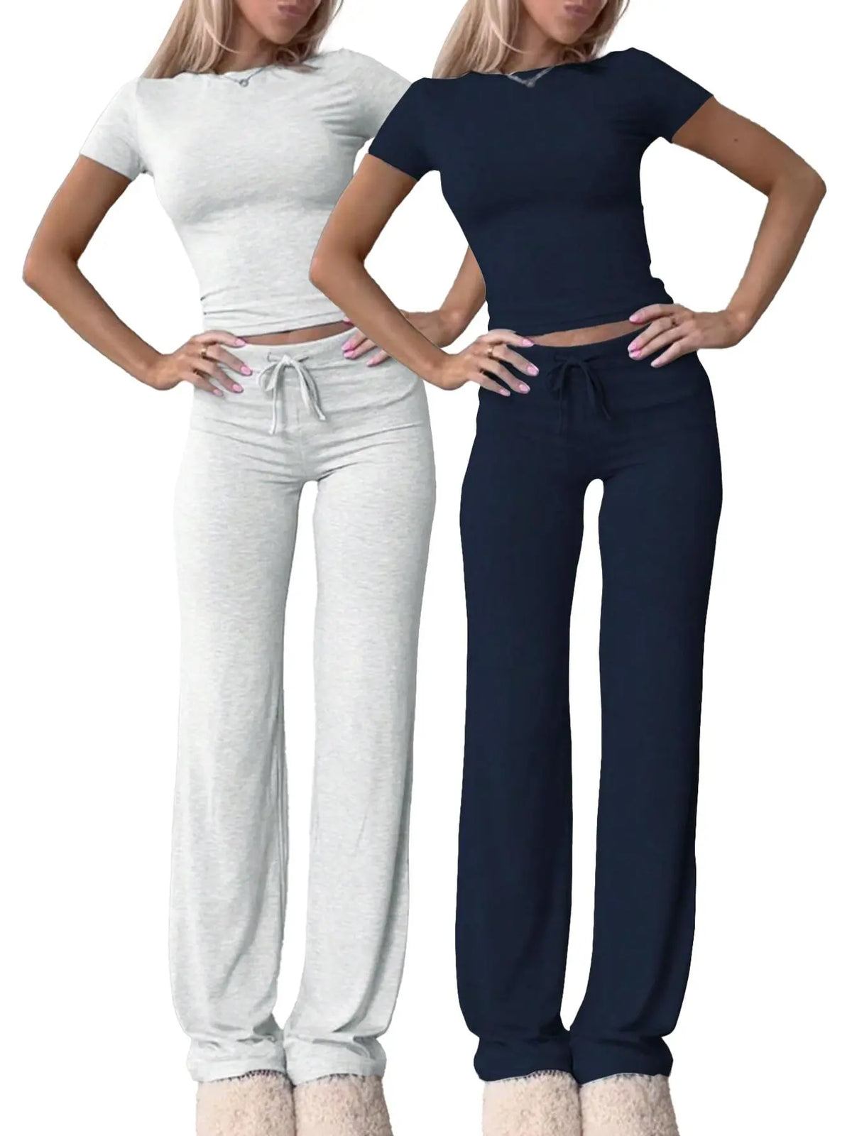Women's Basic Minimalist Solid Short Sleeve Two-piece Set, Casual Round Neck Crop Tee & Drawstring High Waist Trousers for Daily Wear, Ladies Summer Clothes, Womenswear