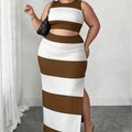 Women's Plus Size 2-Piece Matched Set - Sleeveless Striped Butterfly Print Bodycon Crop Top & Stripe Skirt & Top Sets, Midi Length Split Skirt, Casual Chic Plus Size Clothes for Going Out