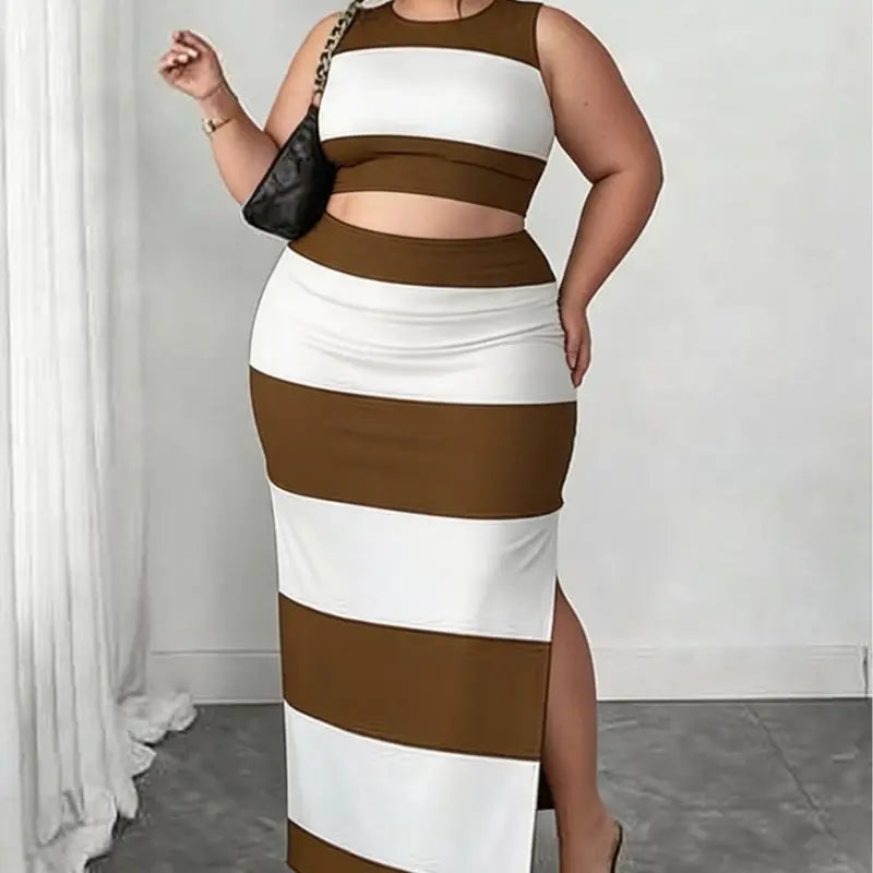 Women's Plus Size 2-Piece Matched Set - Sleeveless Striped Butterfly Print Bodycon Crop Top & Stripe Skirt & Top Sets, Midi Length Split Skirt, Casual Chic Plus Size Clothes for Going Out