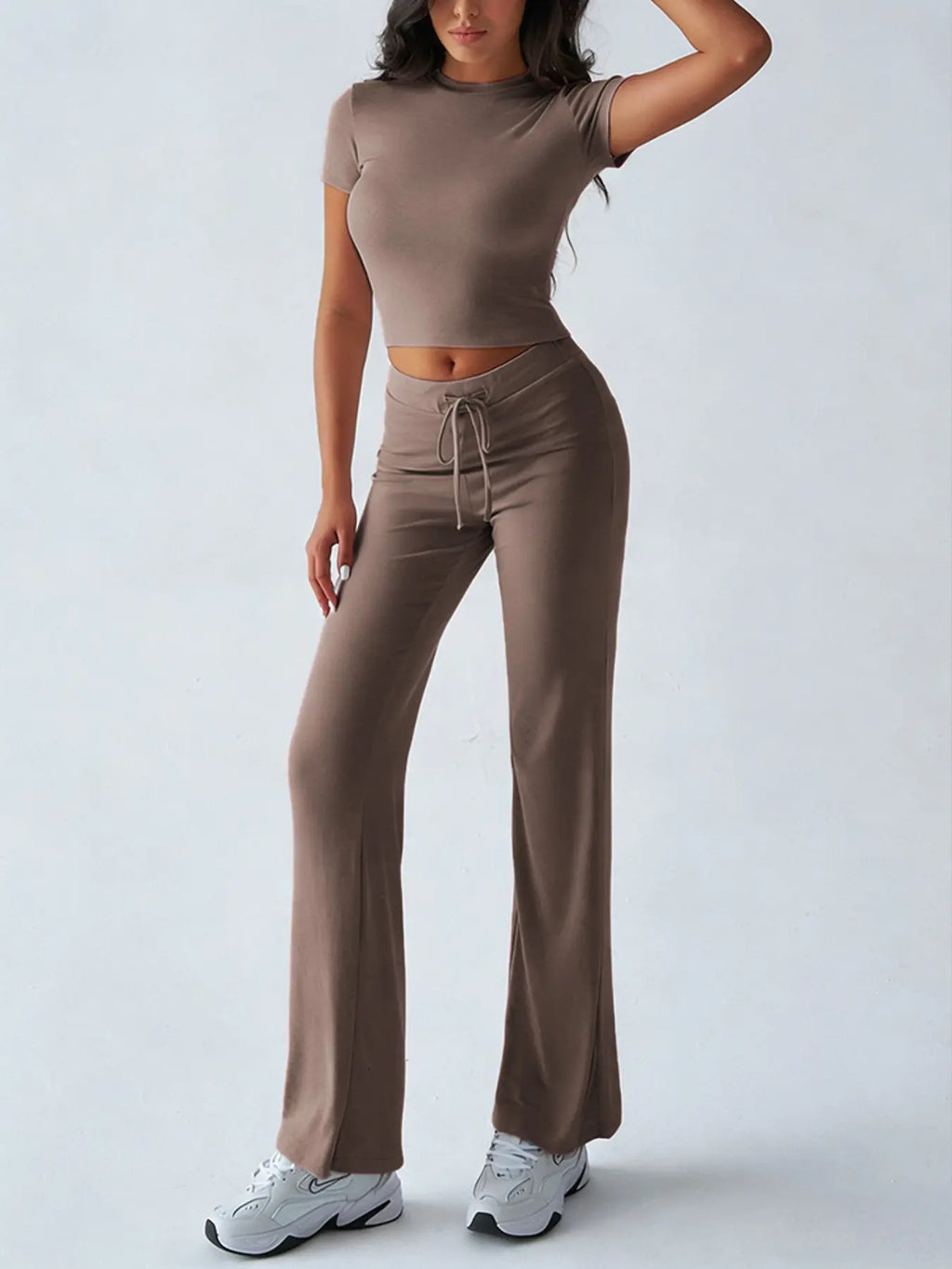 Women's Basic Minimalist Solid Short Sleeve Two-piece Set, Casual Round Neck Crop Tee & Drawstring High Waist Trousers for Daily Wear, Ladies Summer Clothes, Womenswear