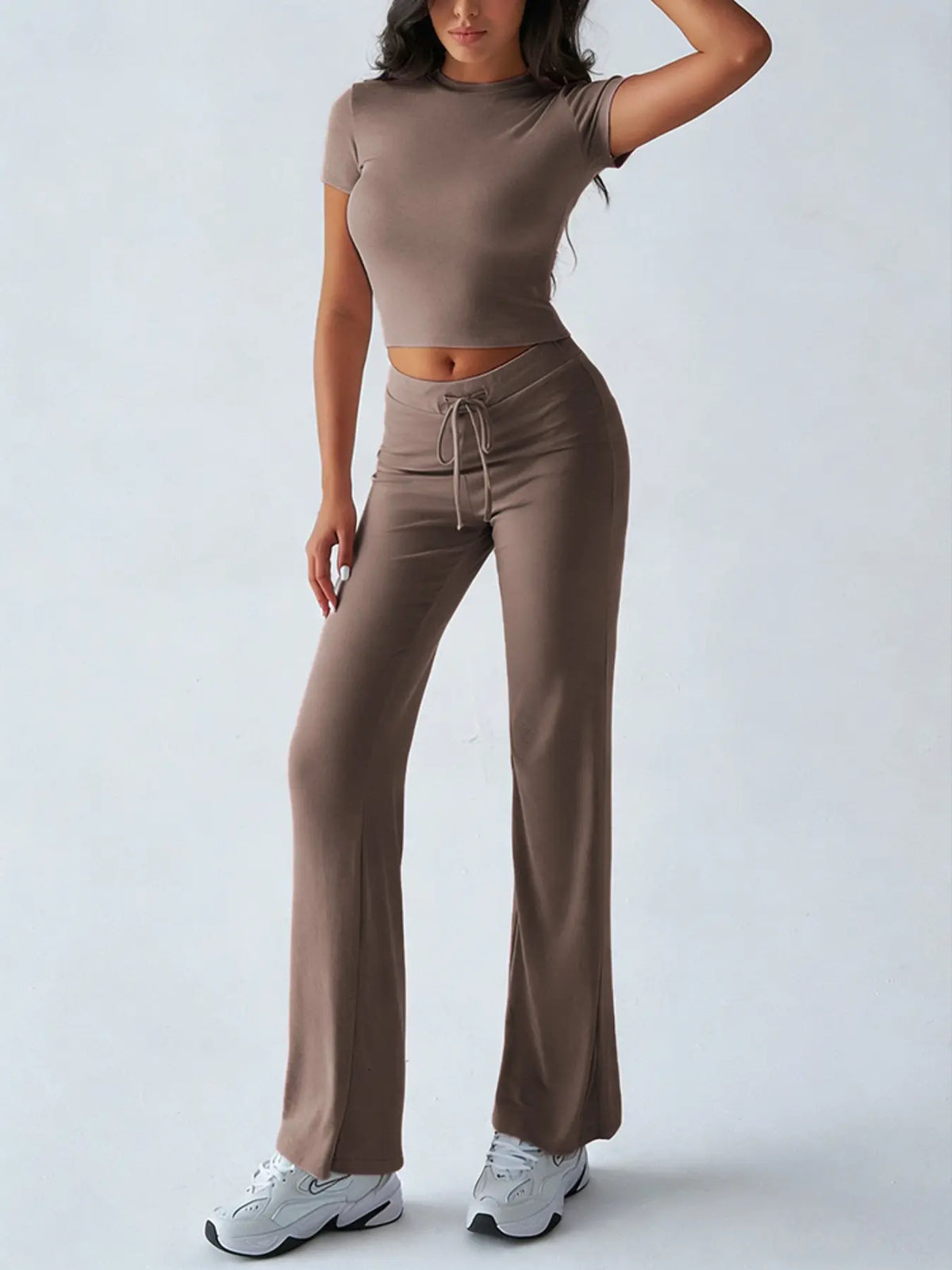 Women's Basic Minimalist Solid Short Sleeve Two-piece Set, Casual Round Neck Crop Tee & Drawstring High Waist Trousers for Daily Wear, Ladies Summer Clothes, Womenswear