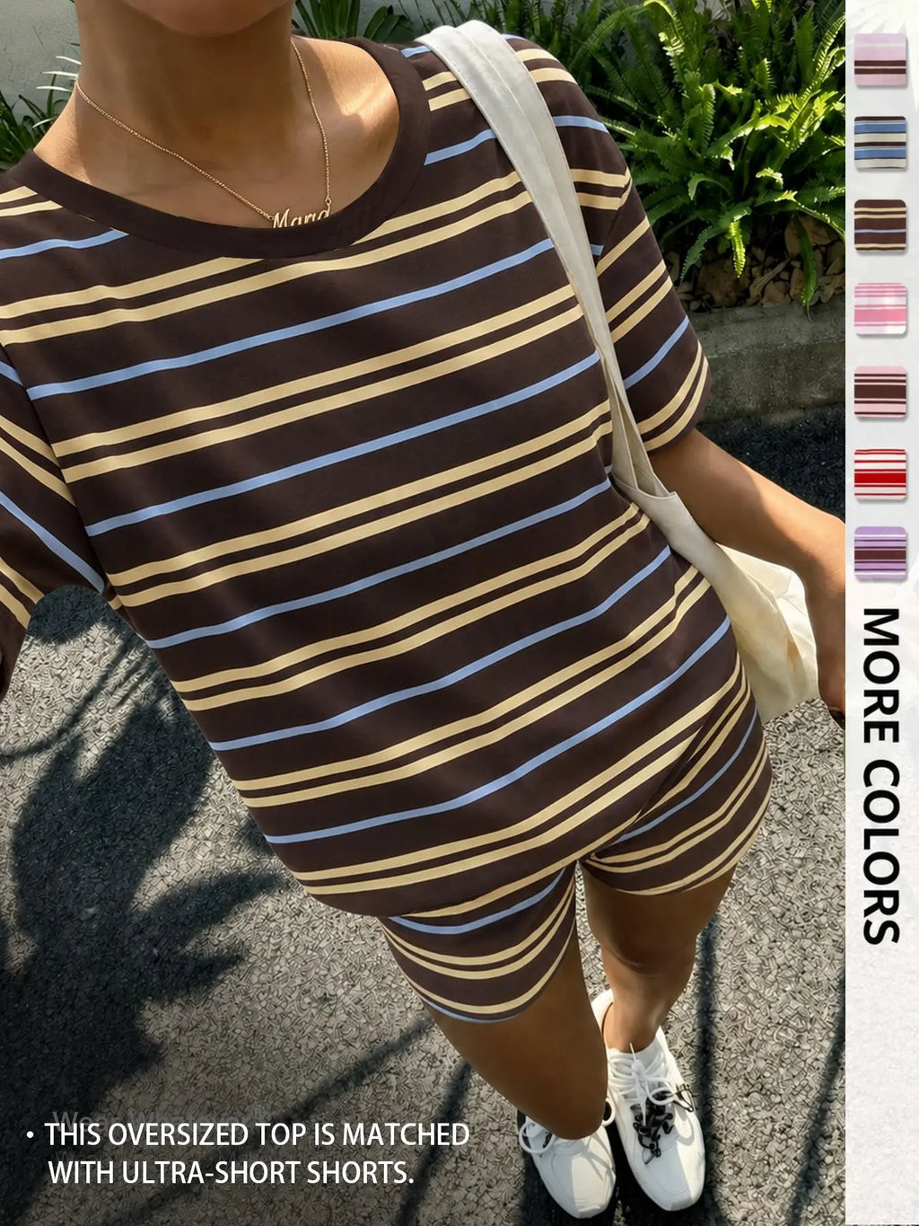 Women's Casual Striped Print Loose-Fit Set, Two Piece Outfit, Summer Wear, Vintage, American Retro Street Style, Perfect for Vacation and All-Day Home Wear, Fashion