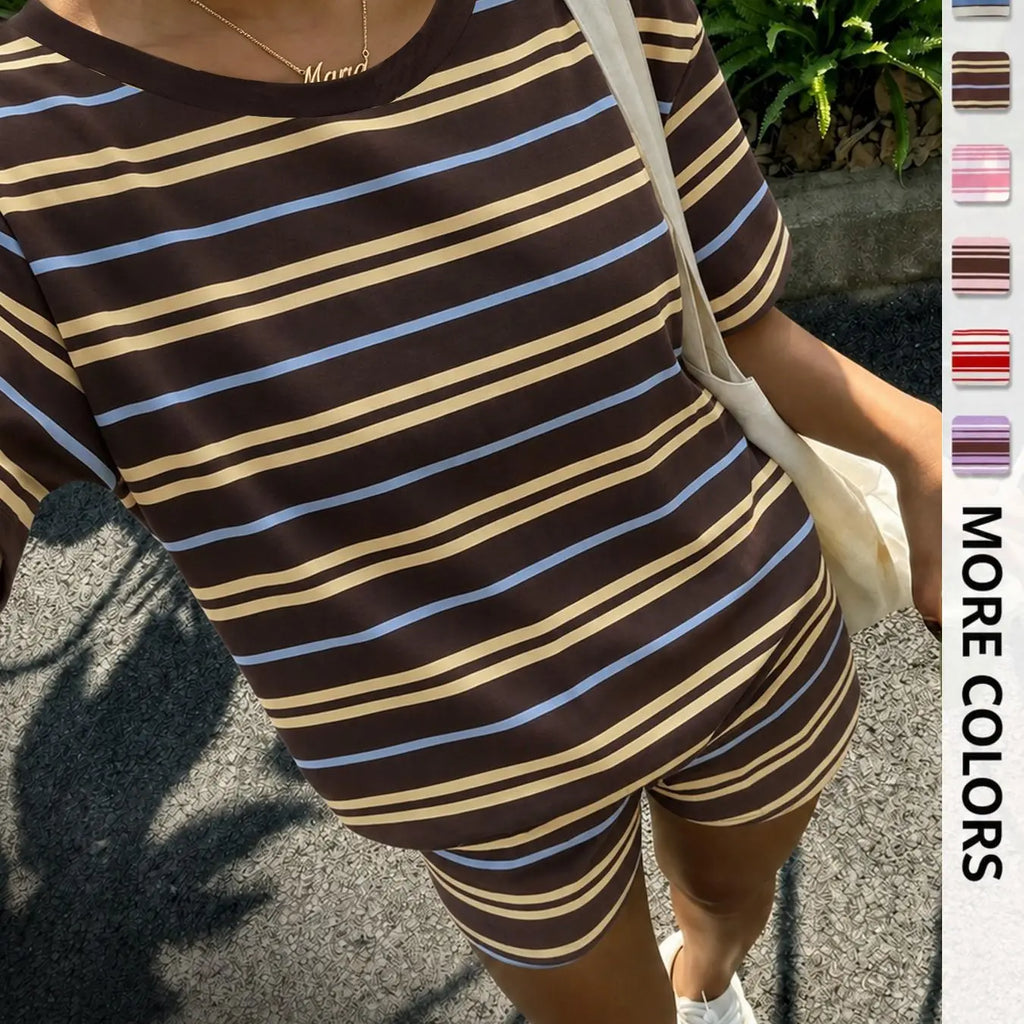 Women's Casual Striped Print Loose-Fit Set, Two Piece Outfit, Summer Wear, Vintage, American Retro Street Style, Perfect for Vacation and All-Day Home Wear, Fashion