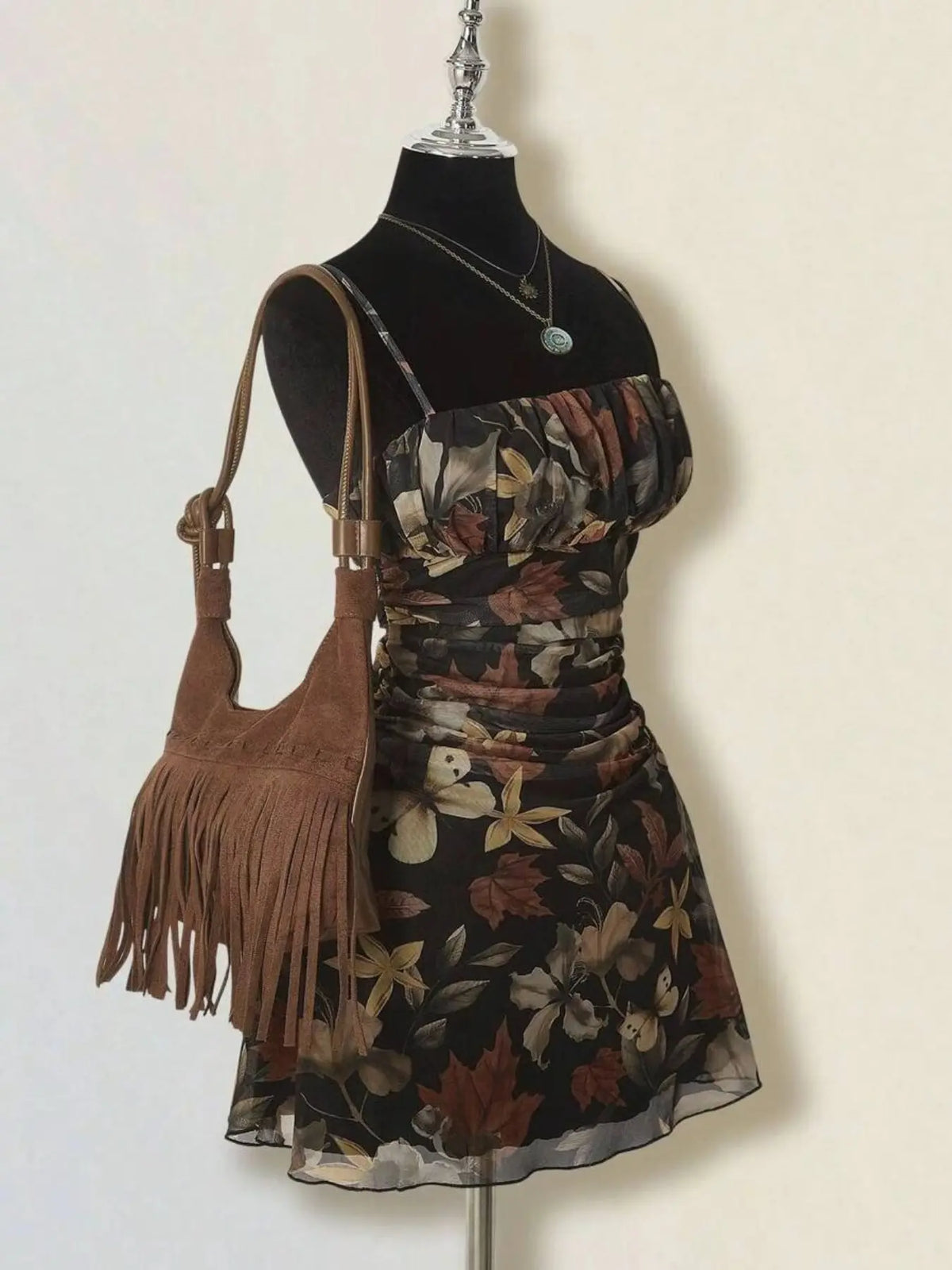 Women's Vintage Maple Leaf Print Floral Ruched Mini Dress Sleeveless, Retro Style Bohemian Dress, Perfect for Spring and Fall, Casual Stylish and Comfortable Dress, Boho Casual Fashion Dress #GLOBAL PICKS