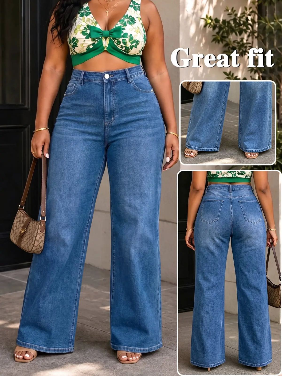 Deep Blue Washed High-Waisted Wide-Leg Denim Jeans, Plus Size Slimming Loose Fit Long Pants, Multiple Colors Available, Fall & Winter Casual Wear