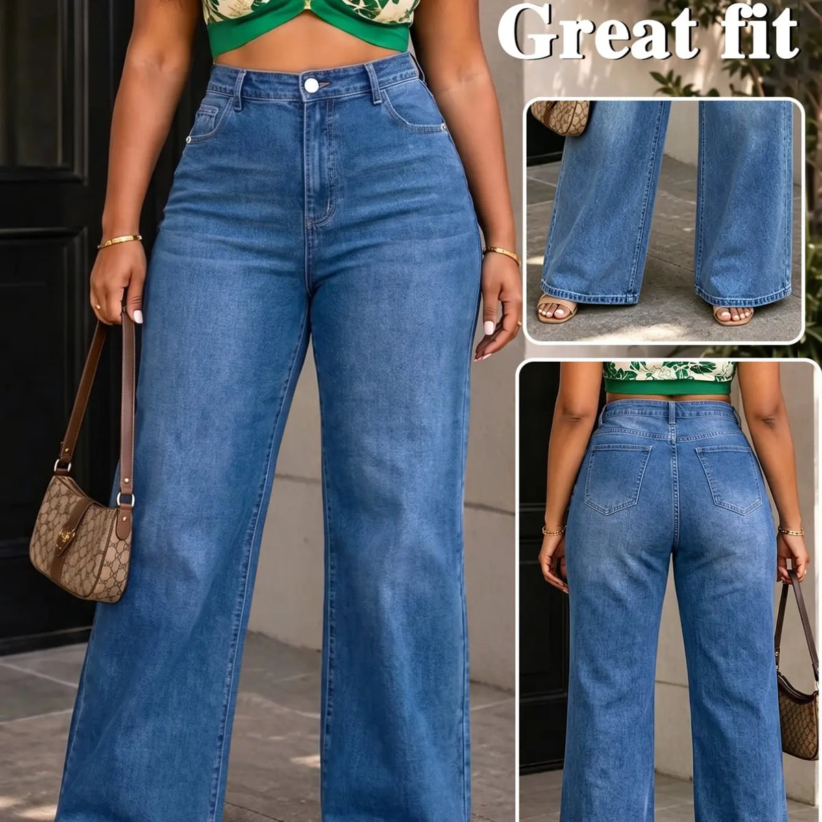 Deep Blue Washed High-Waisted Wide-Leg Denim Jeans, Plus Size Slimming Loose Fit Long Pants, Multiple Colors Available, Fall & Winter Casual Wear