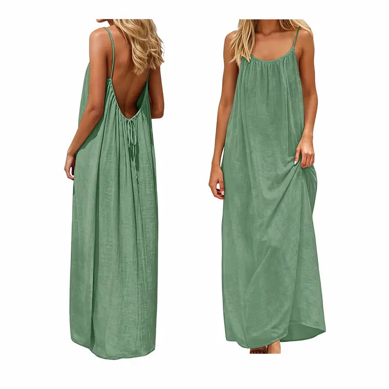 Women’s Backless Maxi Dress Spaghetti Strap Loose Flowy Summer Beach Vacation Dress