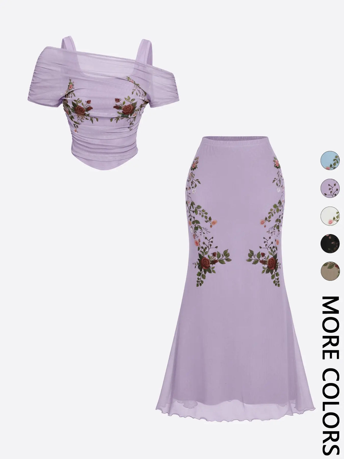 2 Piece Trendy Romantic Fairy Floral Print Off Shoulder Top and Midi Skirt Clothes Set for Women, Figure Flattering for Date, Vacation and Wedding