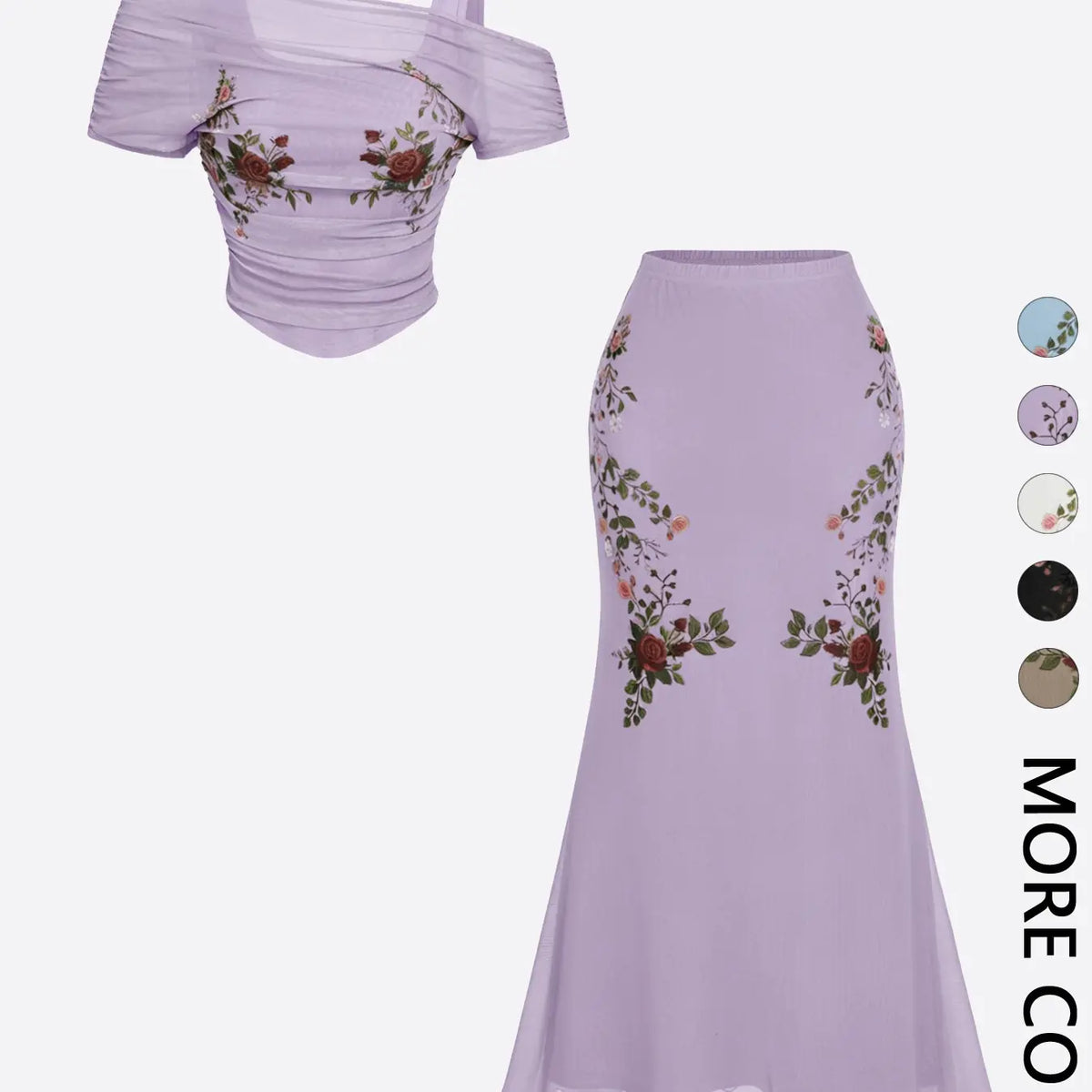 2 Piece Trendy Romantic Fairy Floral Print Off Shoulder Top and Midi Skirt Clothes Set for Women, Figure Flattering for Date, Vacation and Wedding