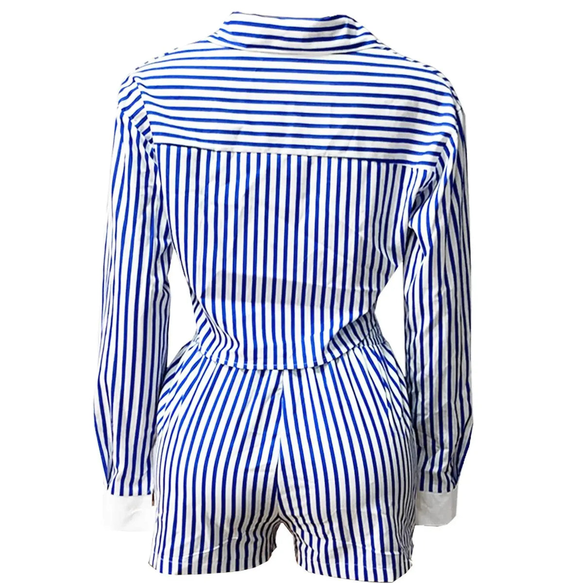 Women's Striped Print Button Long Sleeve Shirt and Shorts, Collared Fitted Top and Shorts for Daily Wear, Ladies Two-Piece Outfit for Spring and Summer, Casual Fashion Matching Set, Womenswear