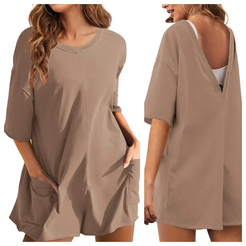 SCUSTY Women's Oversized Rompers Back V Neck Jumpsuits Casual Summervibes Athletic Workout Tee Onesie Activewear
