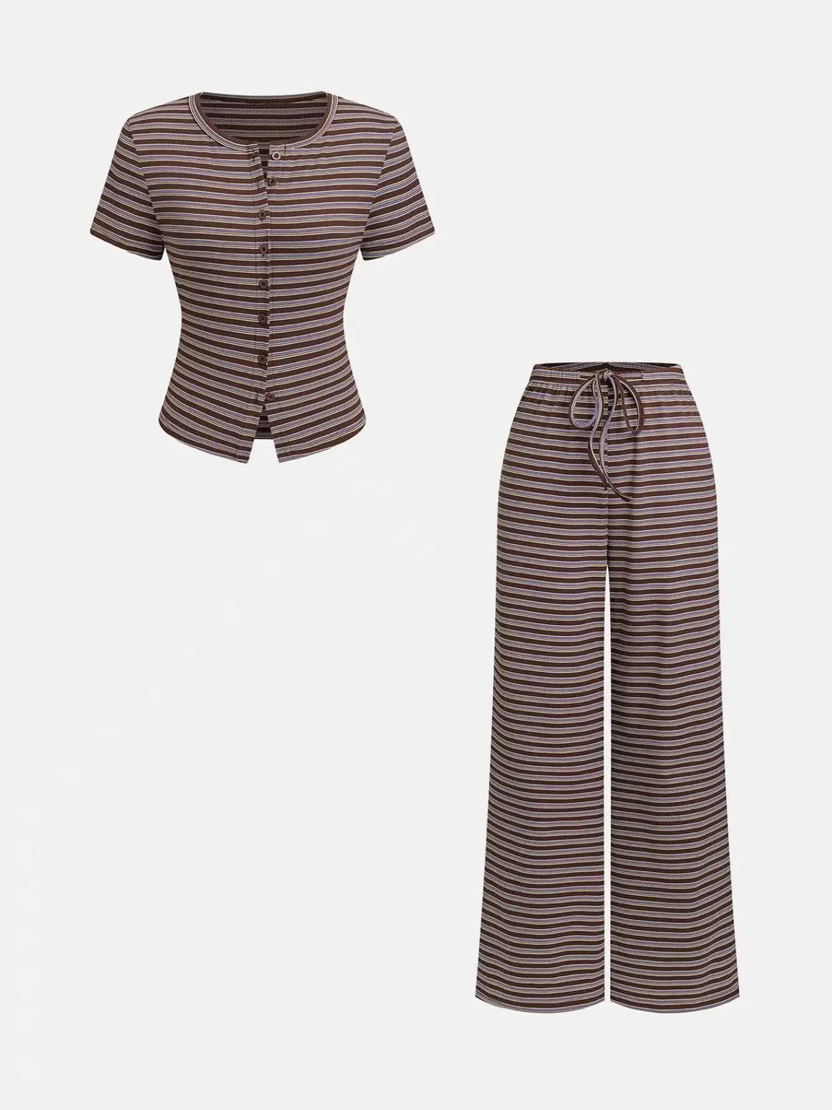 Women's 2-Piece Casual Wide Leg Pants and Short Sleeve Round Neck Striped Knit Top Set, Perfect for Everyday Comfort and Style, Clothes Pants Sets