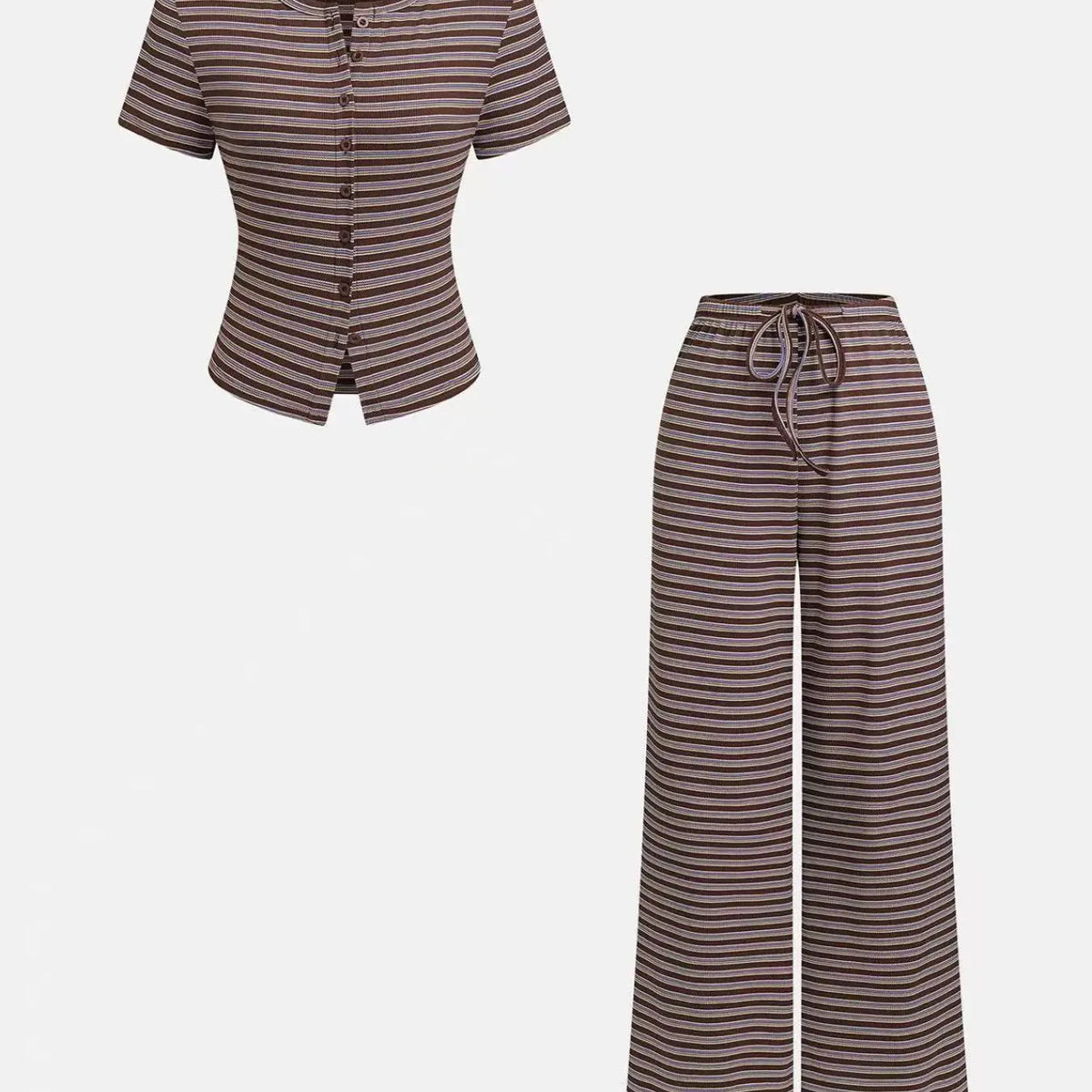 Women's 2-Piece Casual Wide Leg Pants and Short Sleeve Round Neck Striped Knit Top Set, Perfect for Everyday Comfort and Style, Clothes Pants Sets