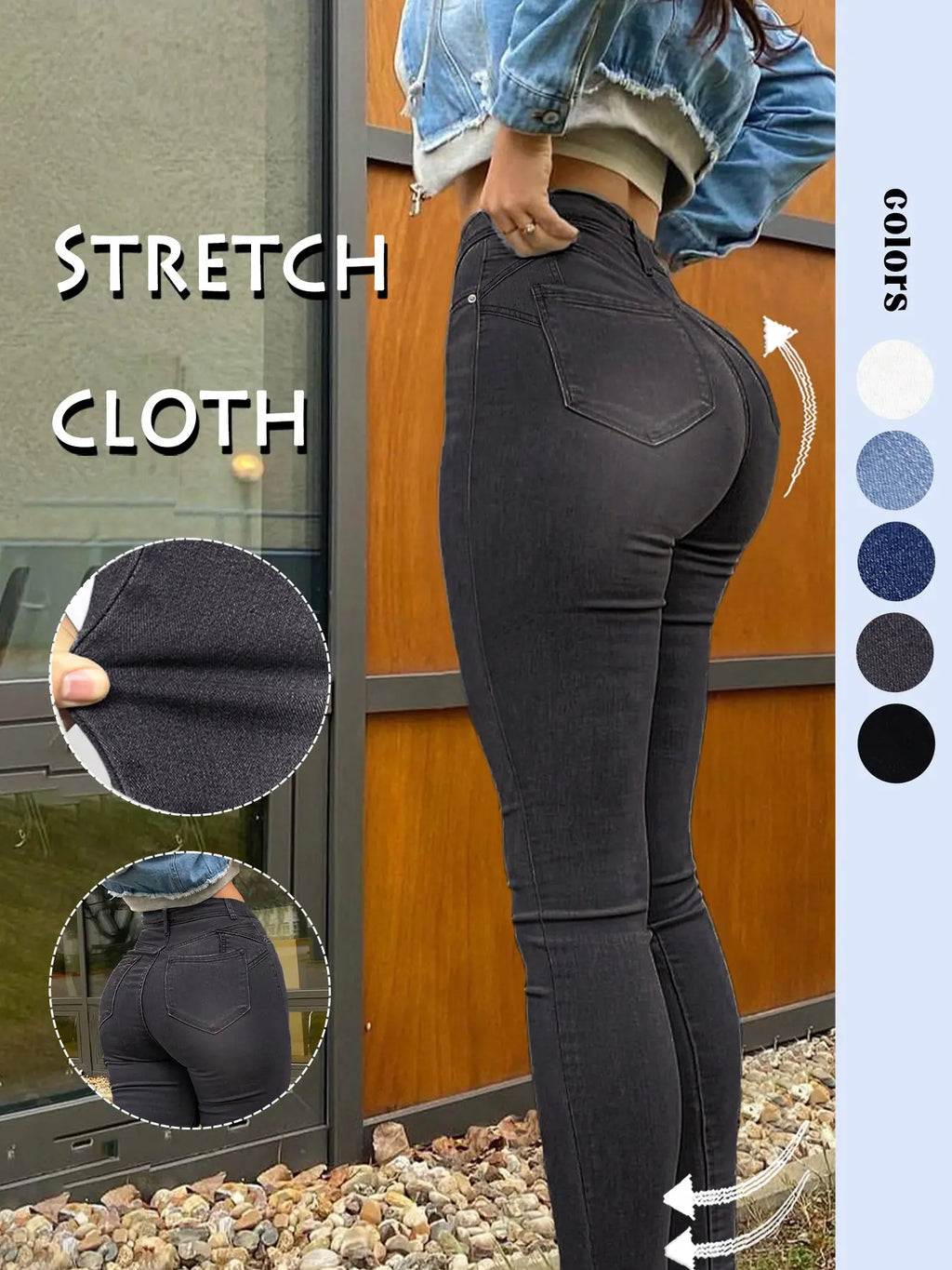 Women's High-Waisted Tight Denim Jeans, Casual Comfort Stretch Conical Jeans, Y2K Washed Blue Button Fly, Street Style Long Pants