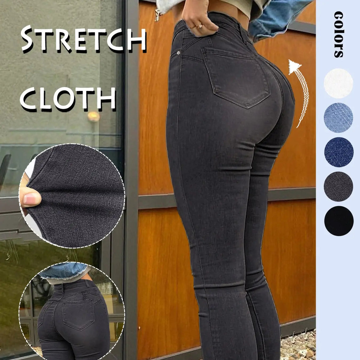 Women's High-Waisted Tight Denim Jeans, Casual Comfort Stretch Conical Jeans, Y2K Washed Blue Button Fly, Street Style Long Pants