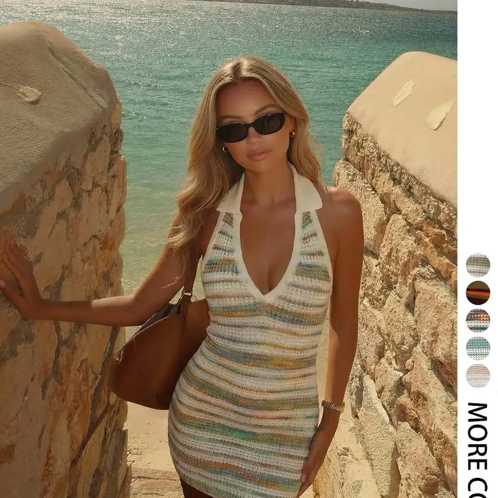 Elegant Striped Beach Vacation Dress, Sexy Knit Bodycon Sweater Dress, Spring Summer Versatile Casual Wear Women's Fashion