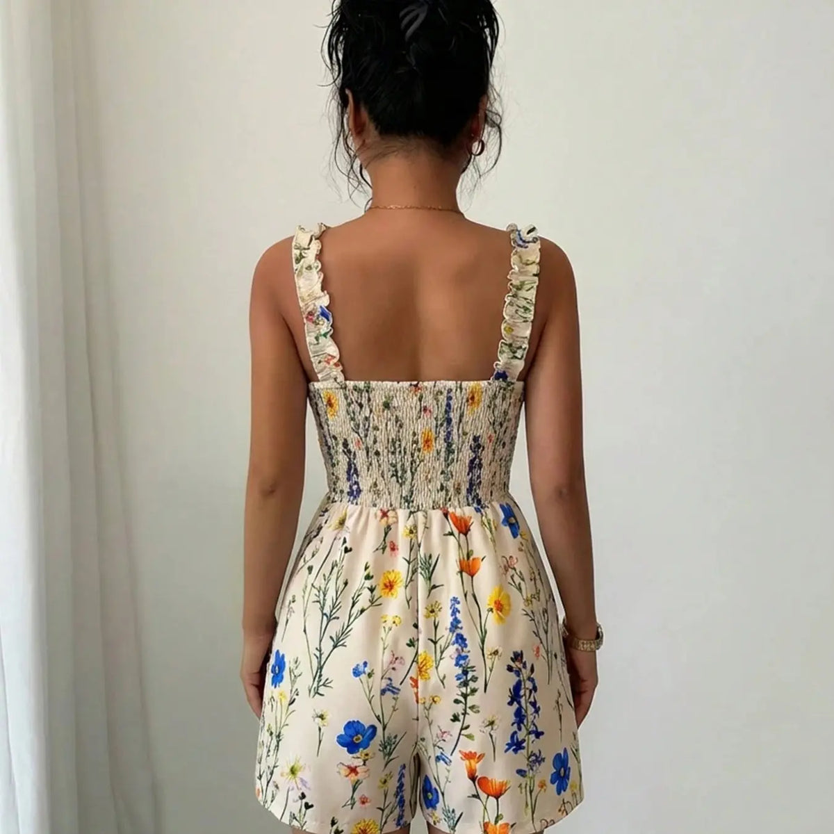 Printed Plant Ruffle Trim Halter Neck Elastic Waist Romper Stylish and Comfortable One-Piece, Perfect for Everyday Casual Wear Ruffled Romper