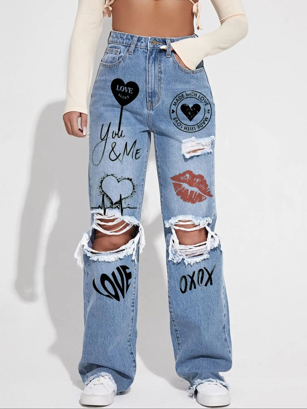 Women's Plain Ripped Jeans, Casual Comfy Pocket Design Frayed Edge Design High Waist Loose Fit Oversized Jeans for Daily Wear, Ladies Bottoms for All Seasons, Baggy Pants, Everyday