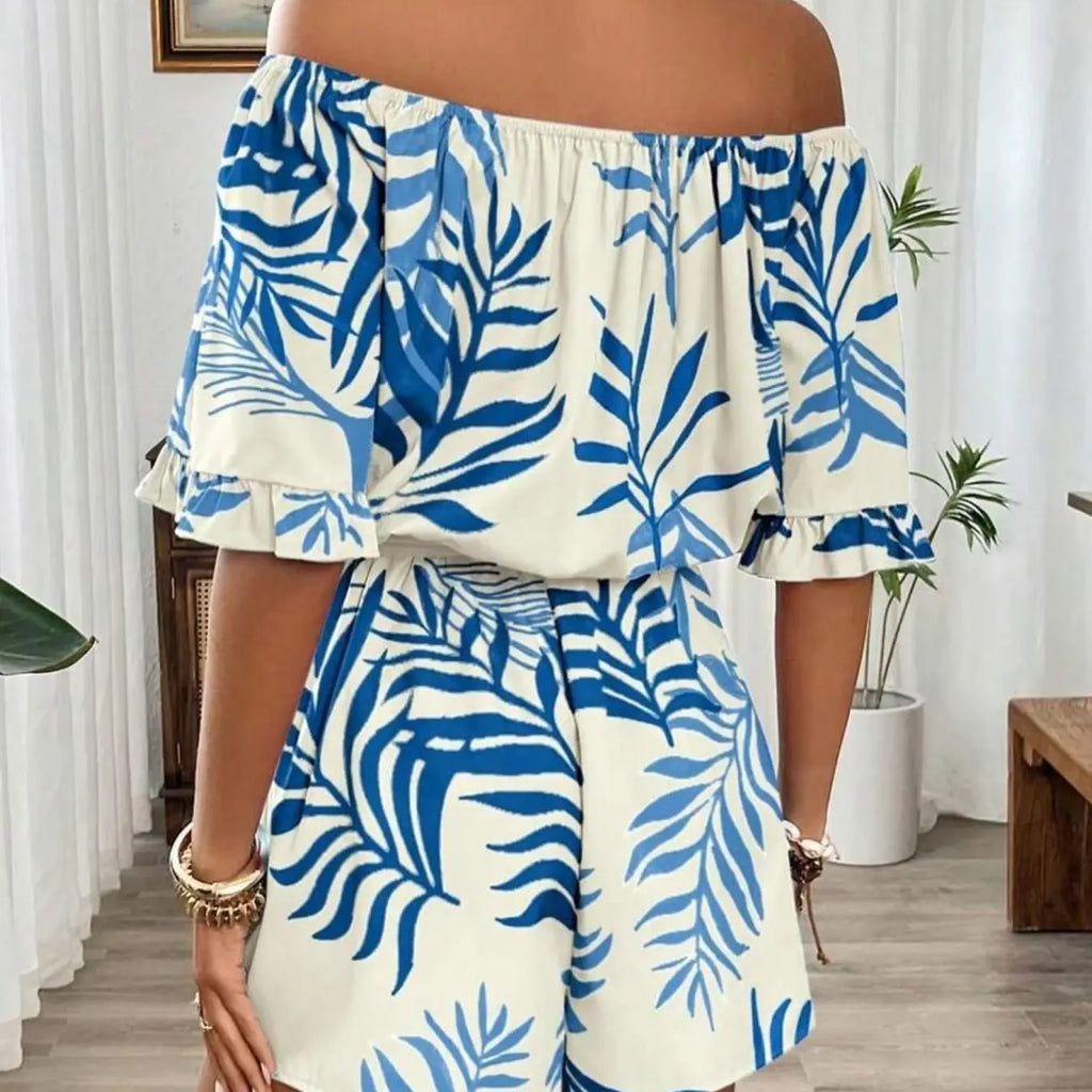 Women's Tropical Print Off-Shoulder Lightweight Romper, Bohemian Style, Ruffled Sleeve & Hem, Cinched Waist, Stylish & Comfortable Summer Wear