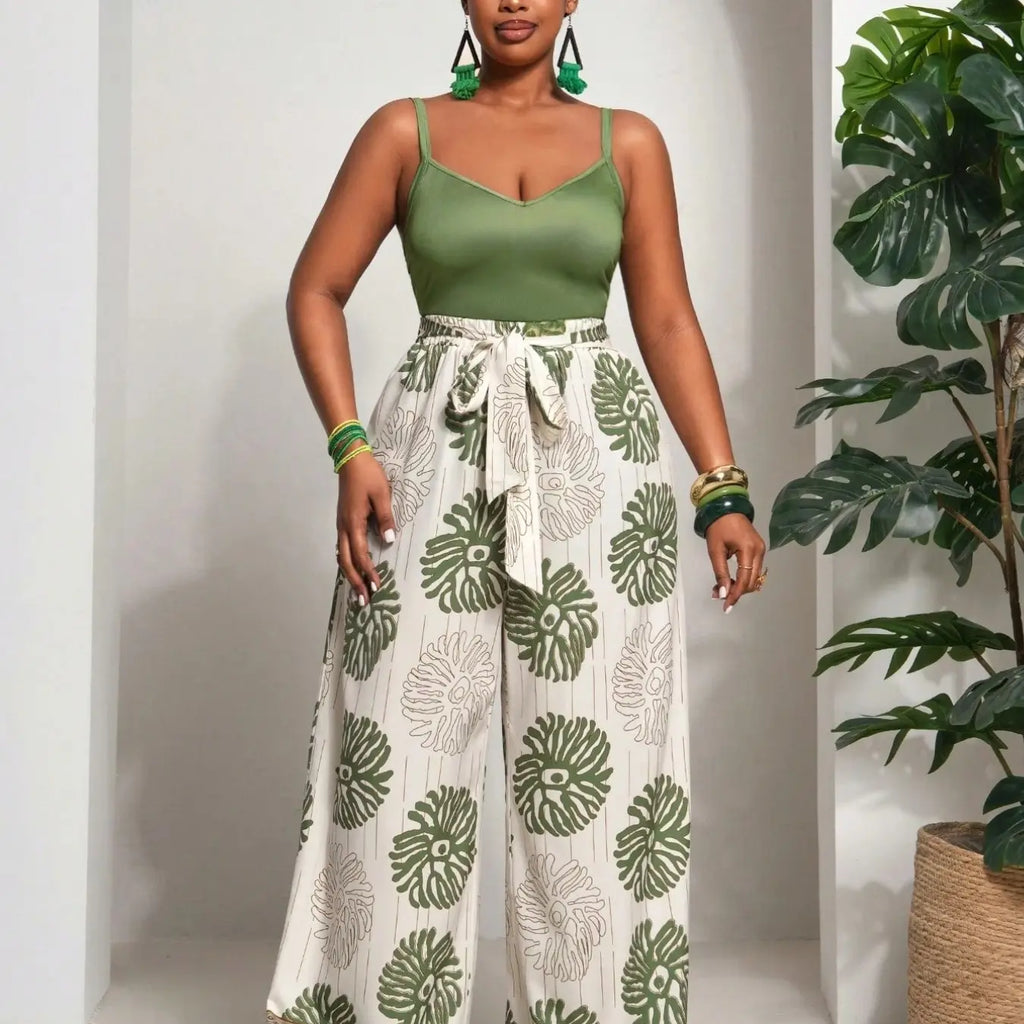 Summer Beach Boho Chic Style Bohemian Tank Top & Wide Leg Pants Set Outfit, Music Festival Theme, Easter, St Patrick's Day, Casual Wear, Floral Pattern Ly6038