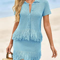 Fisoew Women's Crochet Knit 2 Piece Set, Short Sleeve Button Top with Matching Fringe Skirt, Summer Vacation Beach Cover Up, Shortsleeve, Women's Fashion SohoChic