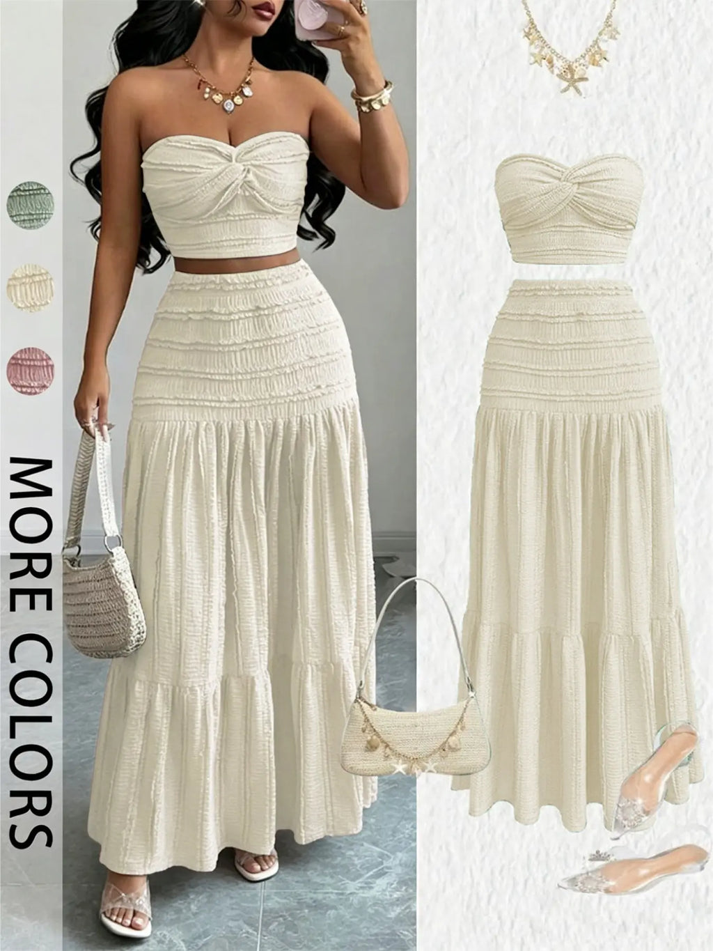Women's Elegant Formal Wear Evening Dress Matching Set, Sweet Cute Strapless Sleeveless Crop Top and Skirt, Casual Party, Comfortable and Stylish Clothes