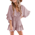 Imily Bela Womens V Neck Beach Romper Ruffle Layered Drawstring Waisted Shorts cute Jumpsuit