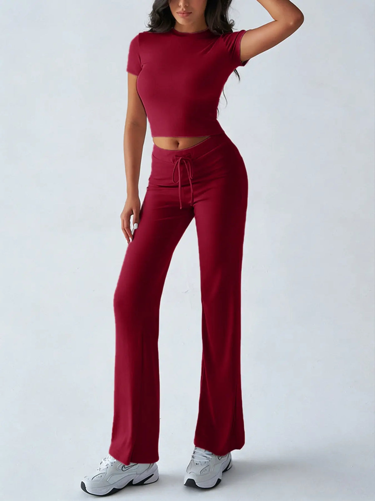 Women's Basic Minimalist Solid Short Sleeve Two-piece Set, Casual Round Neck Crop Tee & Drawstring High Waist Trousers for Daily Wear, Ladies Summer Clothes, Womenswear