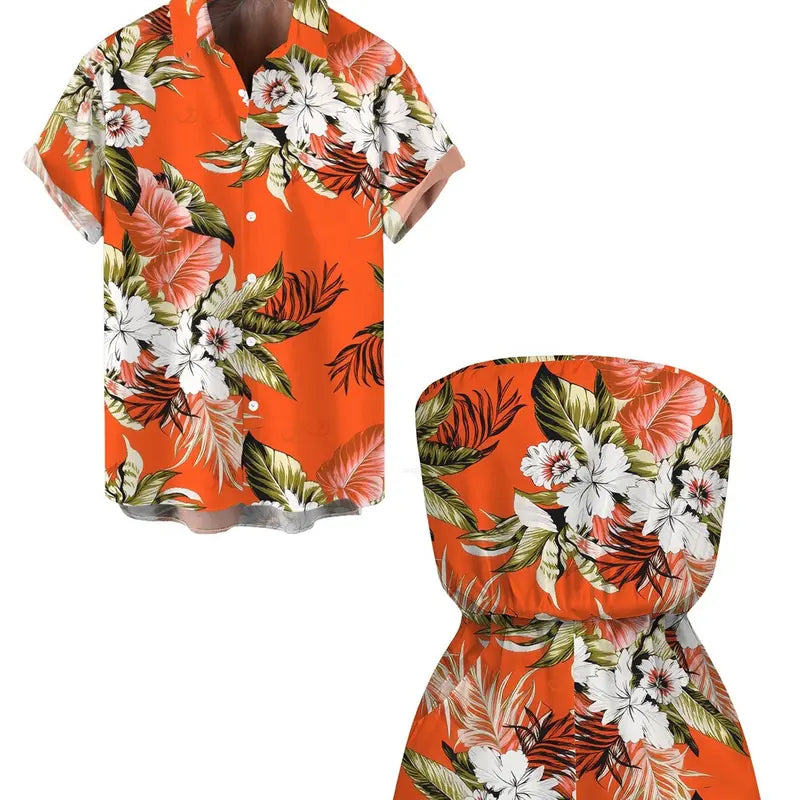 Hawaii Vacation Couple Outfit for Beach Colorblock Tropical Monstera Leaf Print Pocket Off the Shoulder Romper and Shirt Set Womenswear