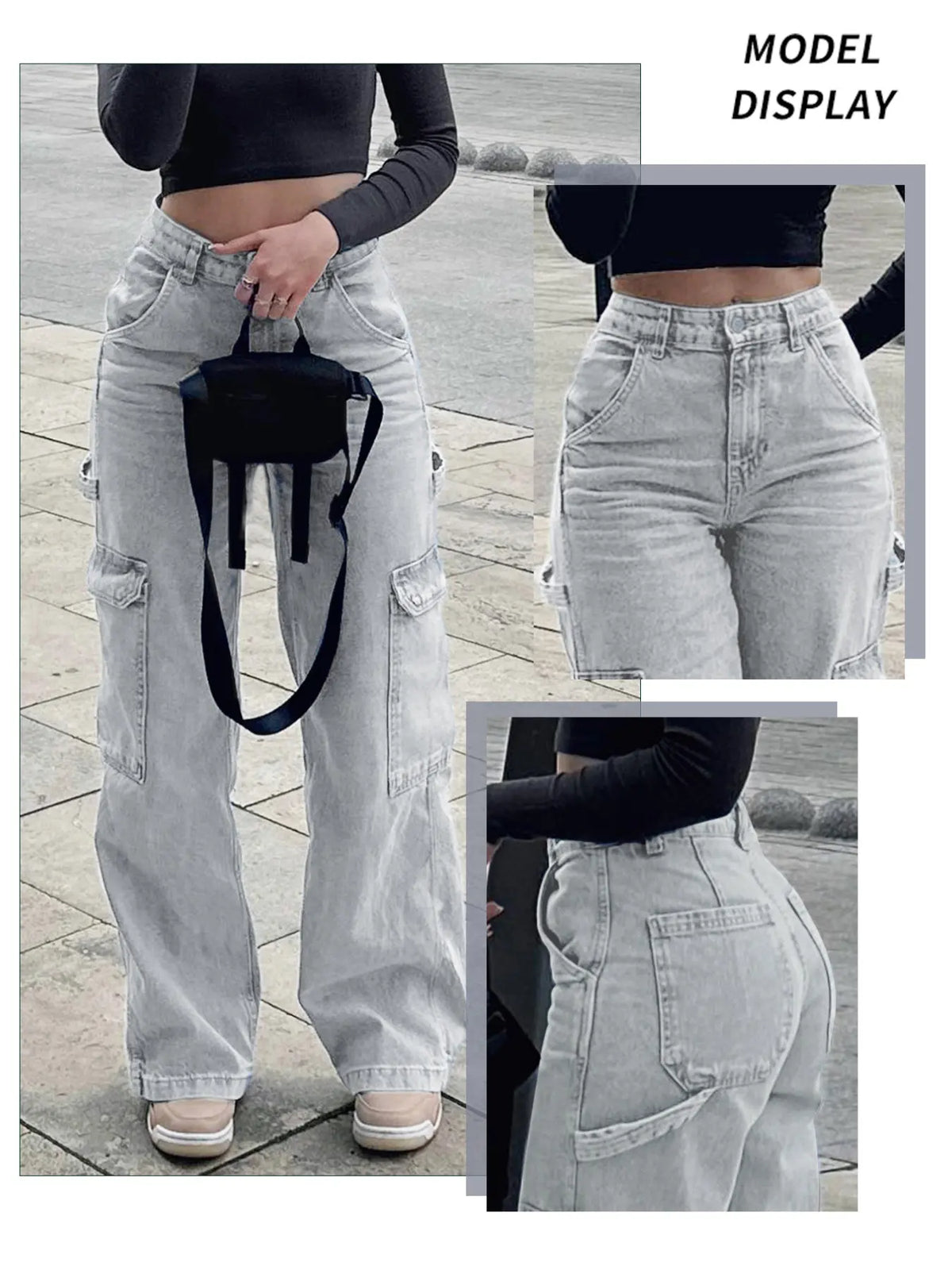Teen Girl Denim Cargo Pants with Pockets, Loose Legged Pants, Trendy & Comfortable Casual Design, Ideal for Daily Wear & Outdoor Adventures, Cargo Jeans