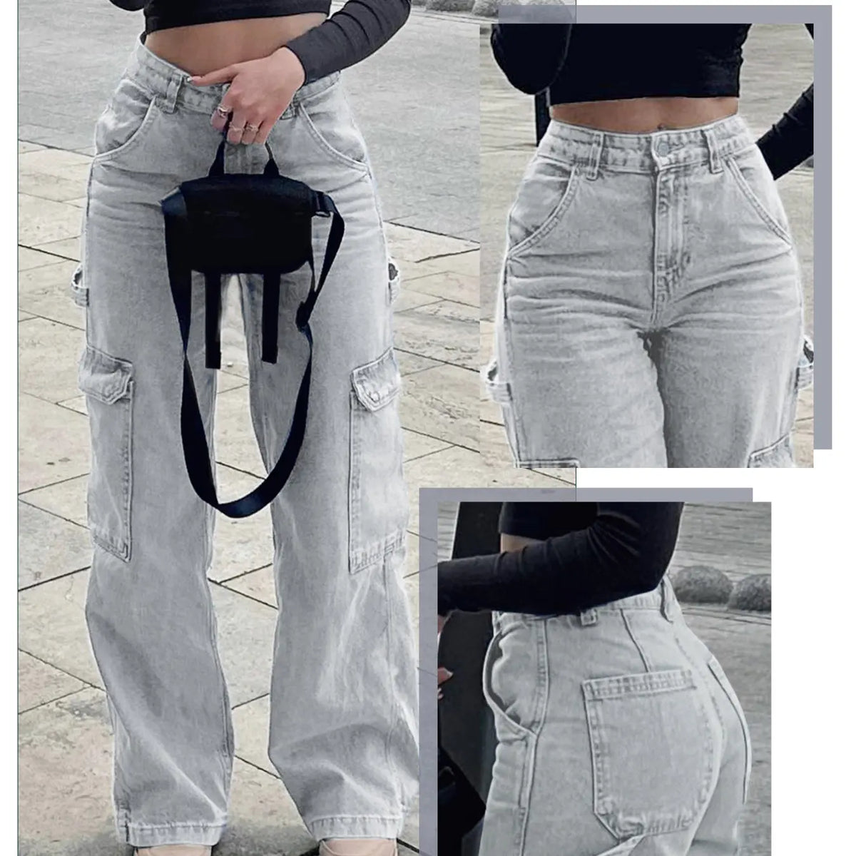 Teen Girl Denim Cargo Pants with Pockets, Loose Legged Pants, Trendy & Comfortable Casual Design, Ideal for Daily Wear & Outdoor Adventures, Cargo Jeans