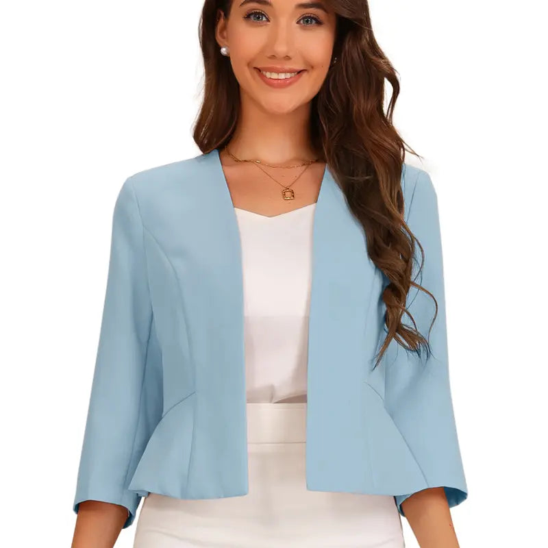 INSPIRE CHIC Elegant Blazer Women's Open Front Collarless 3/4 Sleeve Peplum Business Work Suit Jacket