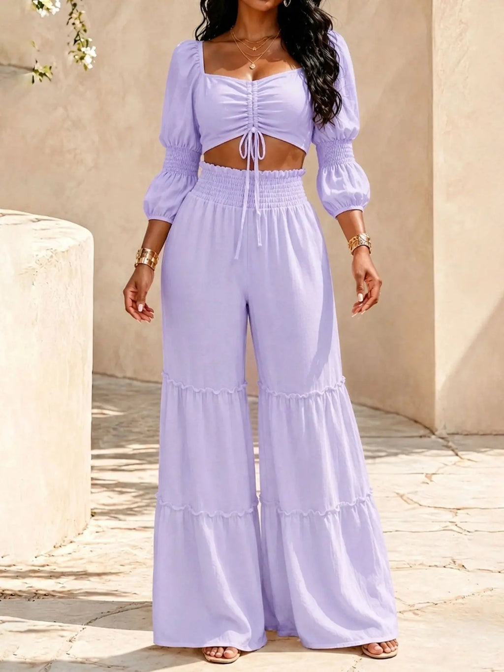 Women's Square Neck Two-Piece Set, Adjustable Drawstring Top and High Waist Wide Leg Pants, French Chic Elegant Style, Essential for Spring & Fall, Casual Chic Set