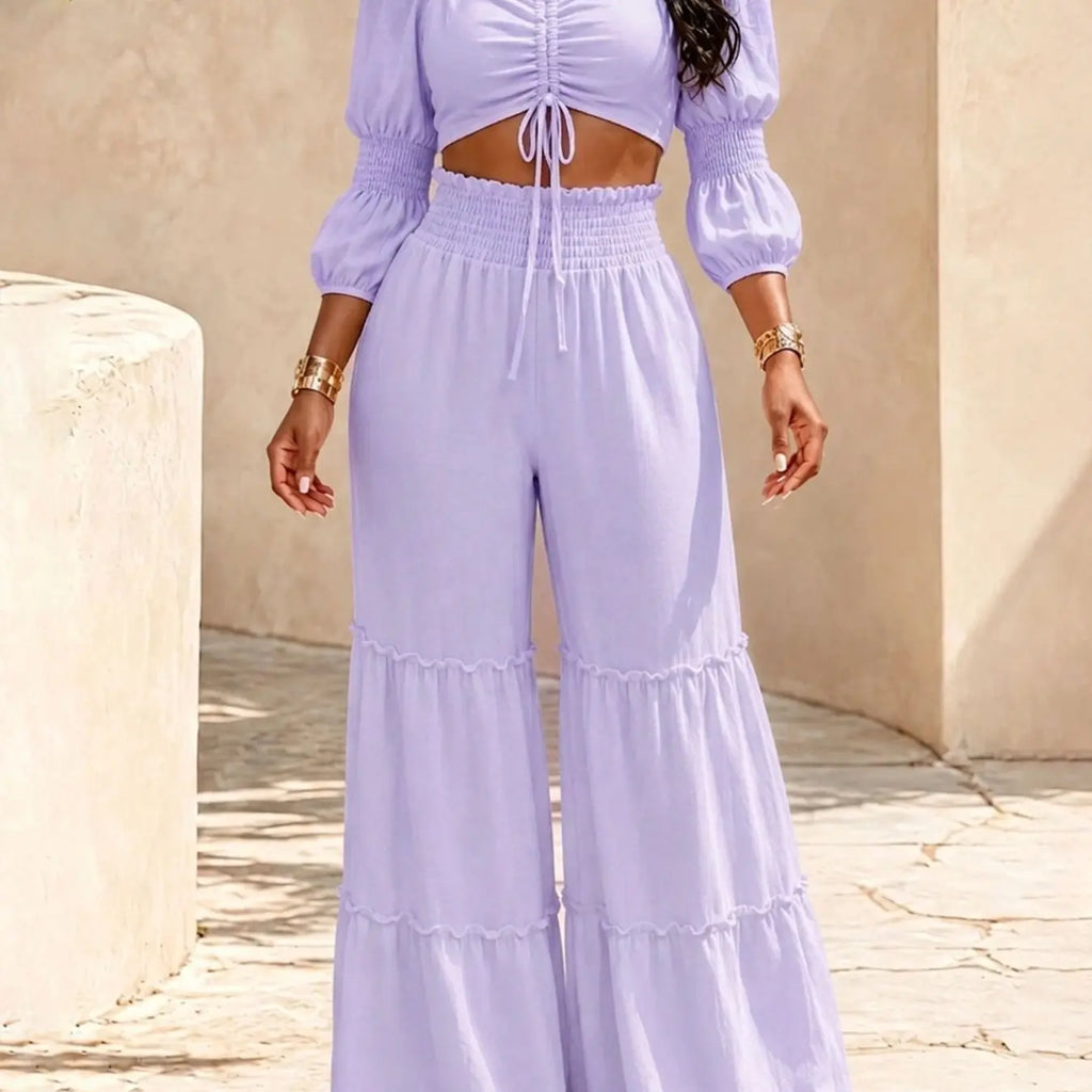 Women's Square Neck Two-Piece Set, Adjustable Drawstring Top and High Waist Wide Leg Pants, French Chic Elegant Style, Essential for Spring & Fall, Casual Chic Set