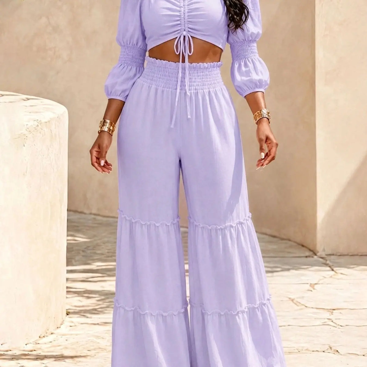 Women's Square Neck Two-Piece Set, Adjustable Drawstring Top and High Waist Wide Leg Pants, French Chic Elegant Style, Essential for Spring & Fall, Casual Chic Set
