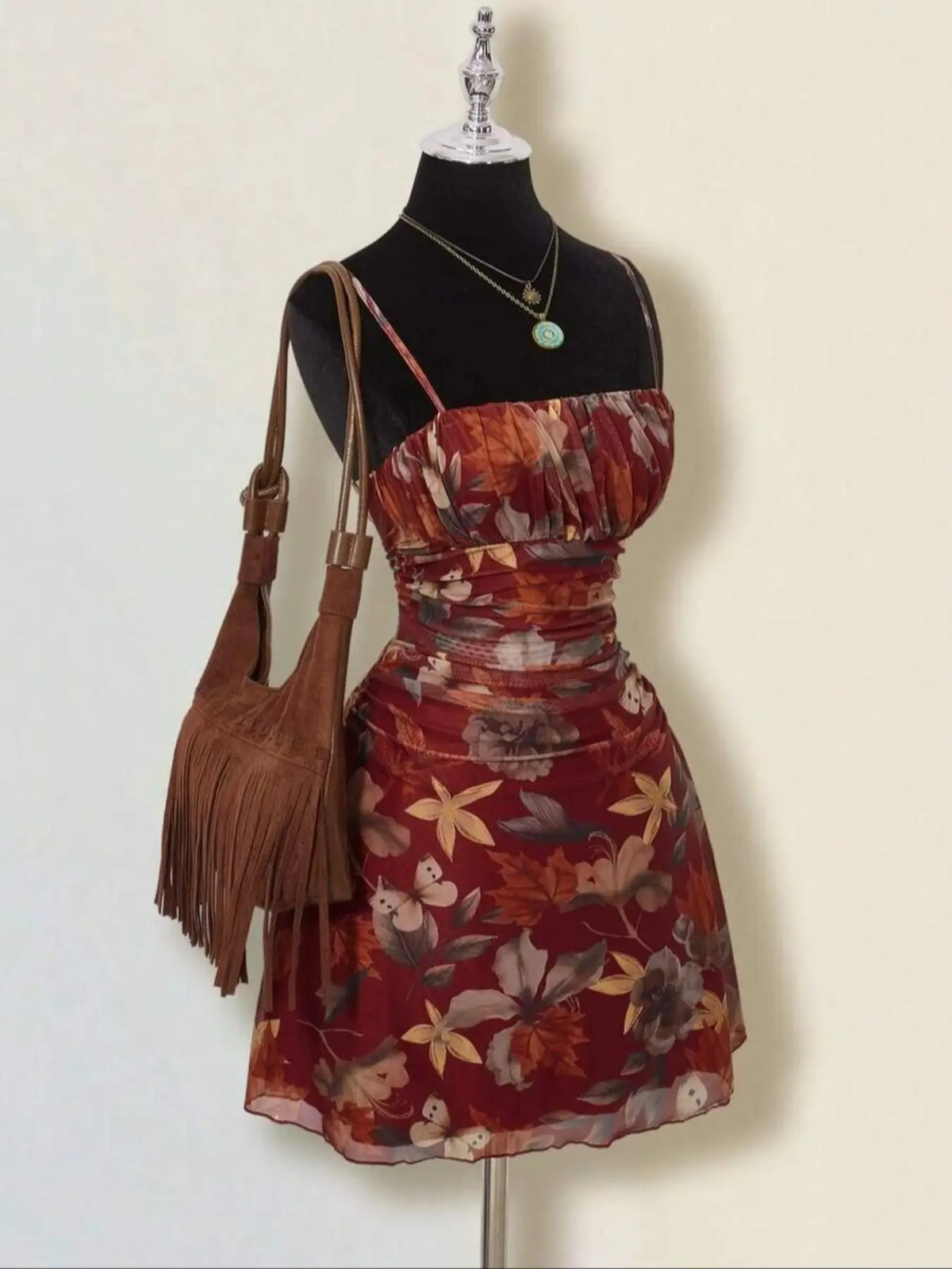 Women's Vintage Maple Leaf Print Floral Ruched Mini Dress Sleeveless, Retro Style Bohemian Dress, Perfect for Spring and Fall, Casual Stylish and Comfortable Dress, Boho Casual Fashion Dress #GLOBAL PICKS