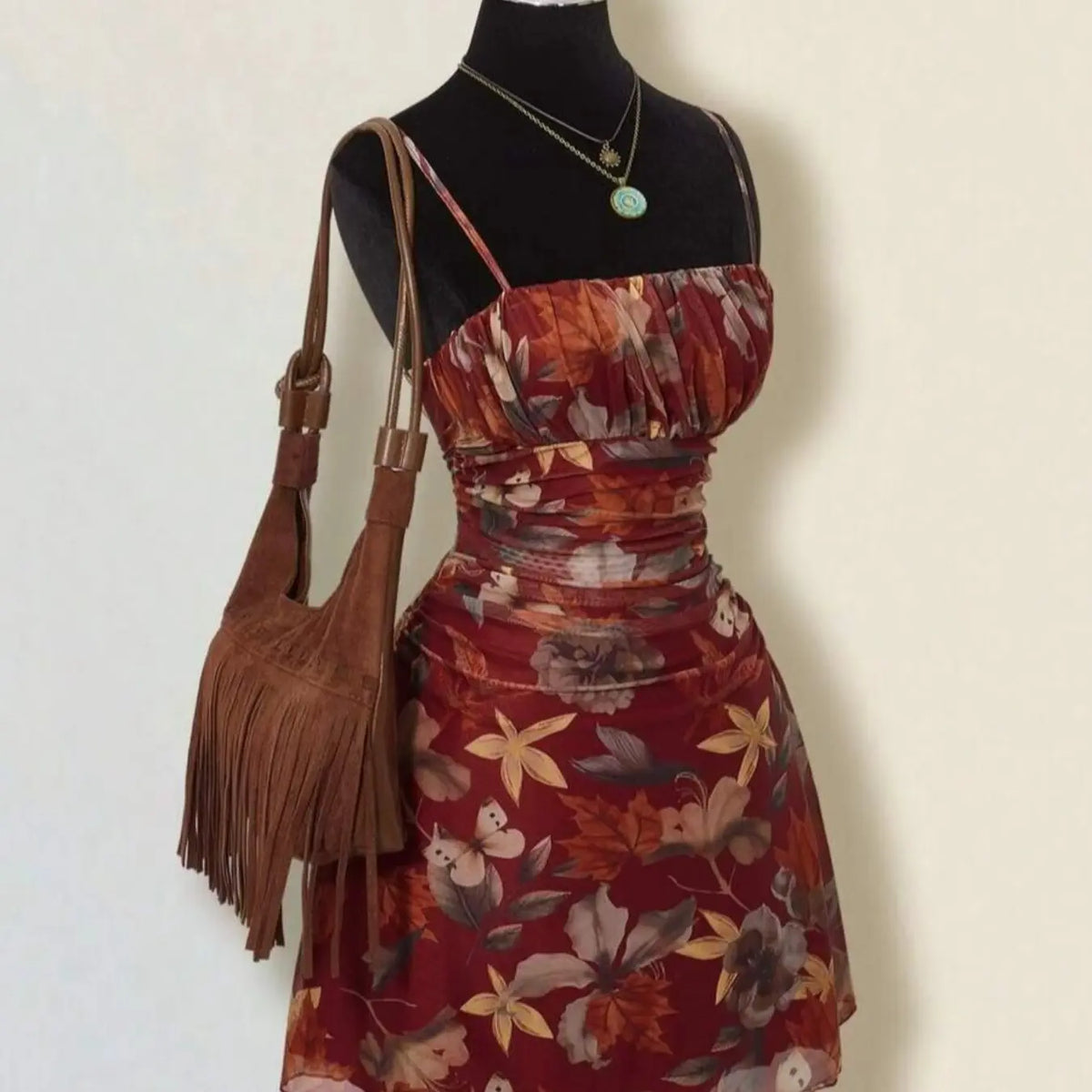 Women's Vintage Maple Leaf Print Floral Ruched Mini Dress Sleeveless, Retro Style Bohemian Dress, Perfect for Spring and Fall, Casual Stylish and Comfortable Dress, Boho Casual Fashion Dress #GLOBAL PICKS