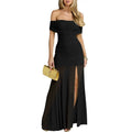 OYS Women's Elegant Off Shouldr Sleeveless Ruched Bodycon High Split Long Party Formal Dress