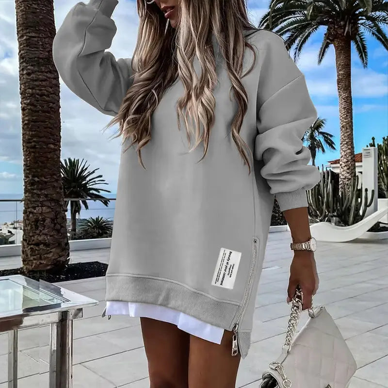 CHICME 2026 Women's Oversized Fall Long Sleeve Pullover Sweatshirt Zipper Slit Casual Dress Drop Shoulder Outfits, Dresses For Women, Women's Clothes