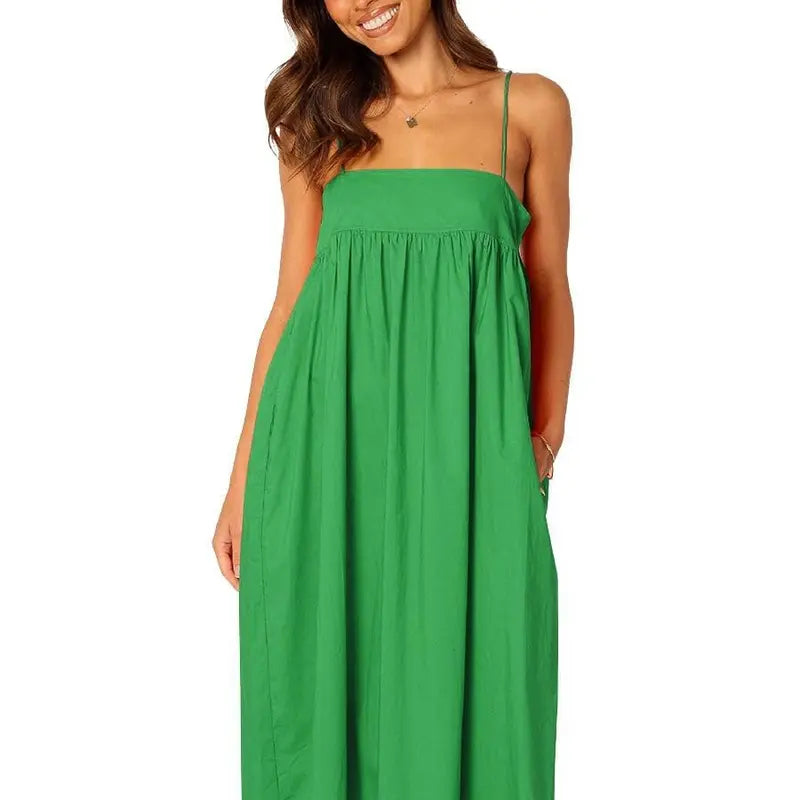 Ebossy Women's Square Neck Sleeveless Backless Tie-Back Spaghetti Strap Casual Loose Cutout Ankle-Length Sundress with Side Pockets, Pink - Women's Dresses, Machine Washable, Outdoor & Evening Ready, Fashion Apparel - Check Size Chart