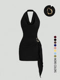 Women's Fashion Solid Color Ruched Halter Fit Dress, Casual Office Wear, Elegant Backless Design, Perfect for Daily Wear, Stylish, Chic and Comfortable Dress, Backless Slim Dress
